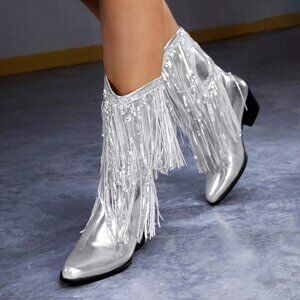 Silver Trendy Women Fringe & Sequins Decor Point Toe Chunky Heeled Western Boots